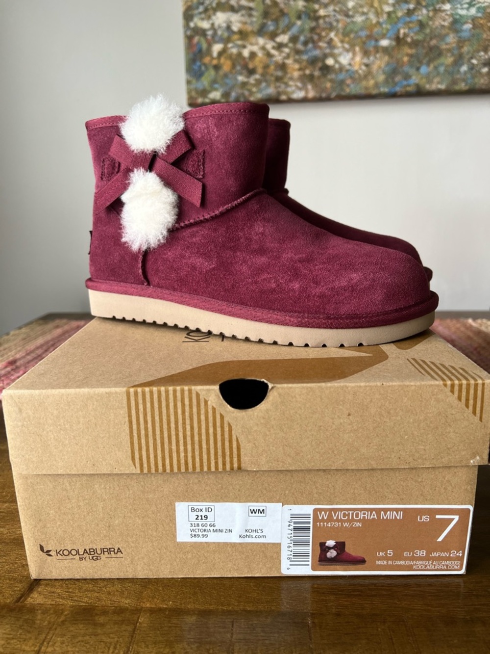 Koolaburra Burgundy Suede Ankle Boots with White Pom Accents